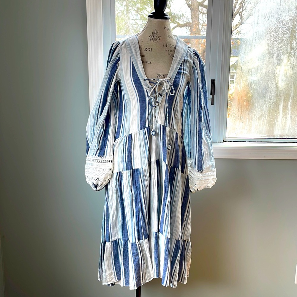 Hemant & Nandita boho Skandi girl cotton blouson sleeved midi dress EUC size S
